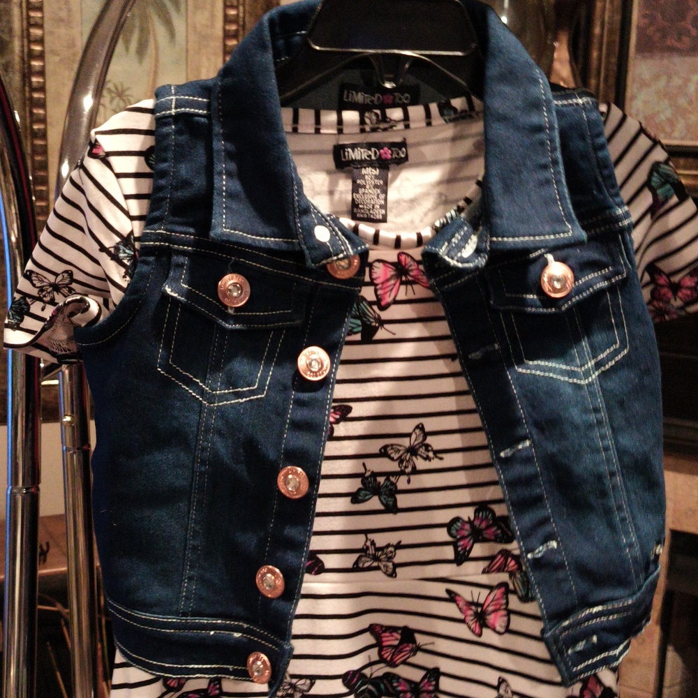 FINAL PRICE NWT Limited Too Black/White Striped Dress w Butterflies & Denim Vest - Picture 4 of 8